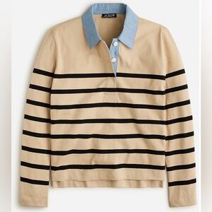 J. Crew Beige and Black Striped Long Sleeve Polo